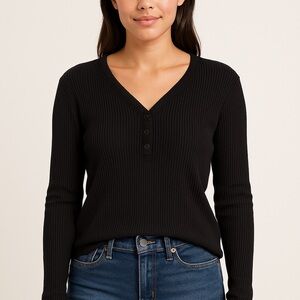 UGG Black Waffle Knit Henley Long Sleeve Top Women’s Small Cozy Lounge Shirt